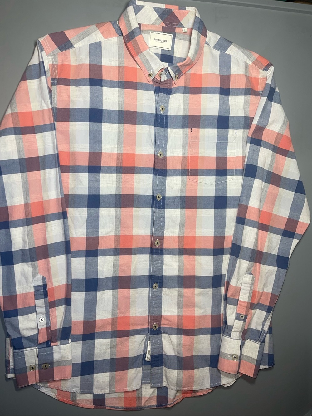 7 Diamonds Mens Button up shirt Blue Pink Plaid Long Sleeve Pocket Casual Large